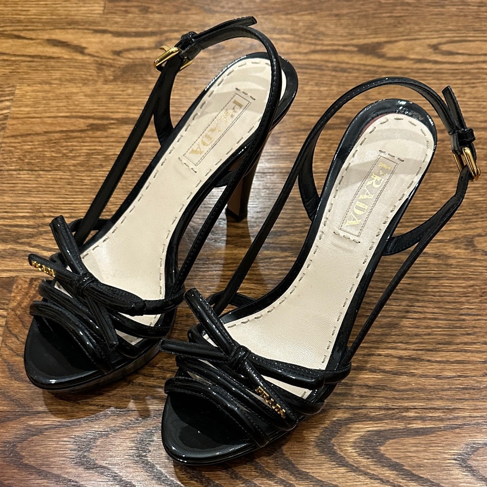 Prada Black Patent Platform Strappy Heels with Gold Accents